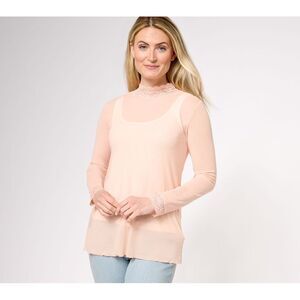 Farmers Defense Women's Top Sz XS Sheer Mesh Mock Neck Lace Trim Pink A385387